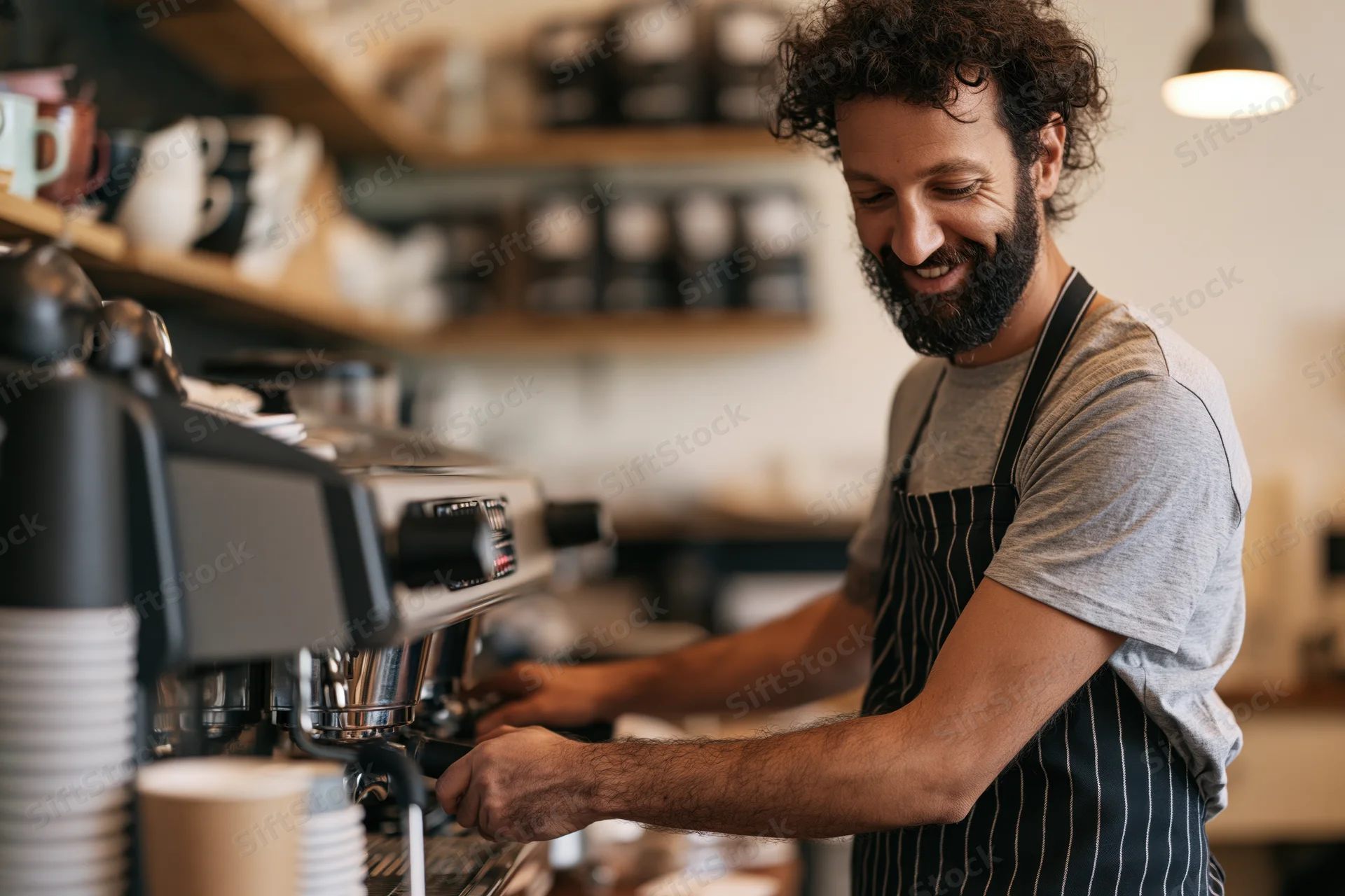 Smiling male barista operating espresso machine in a cafe