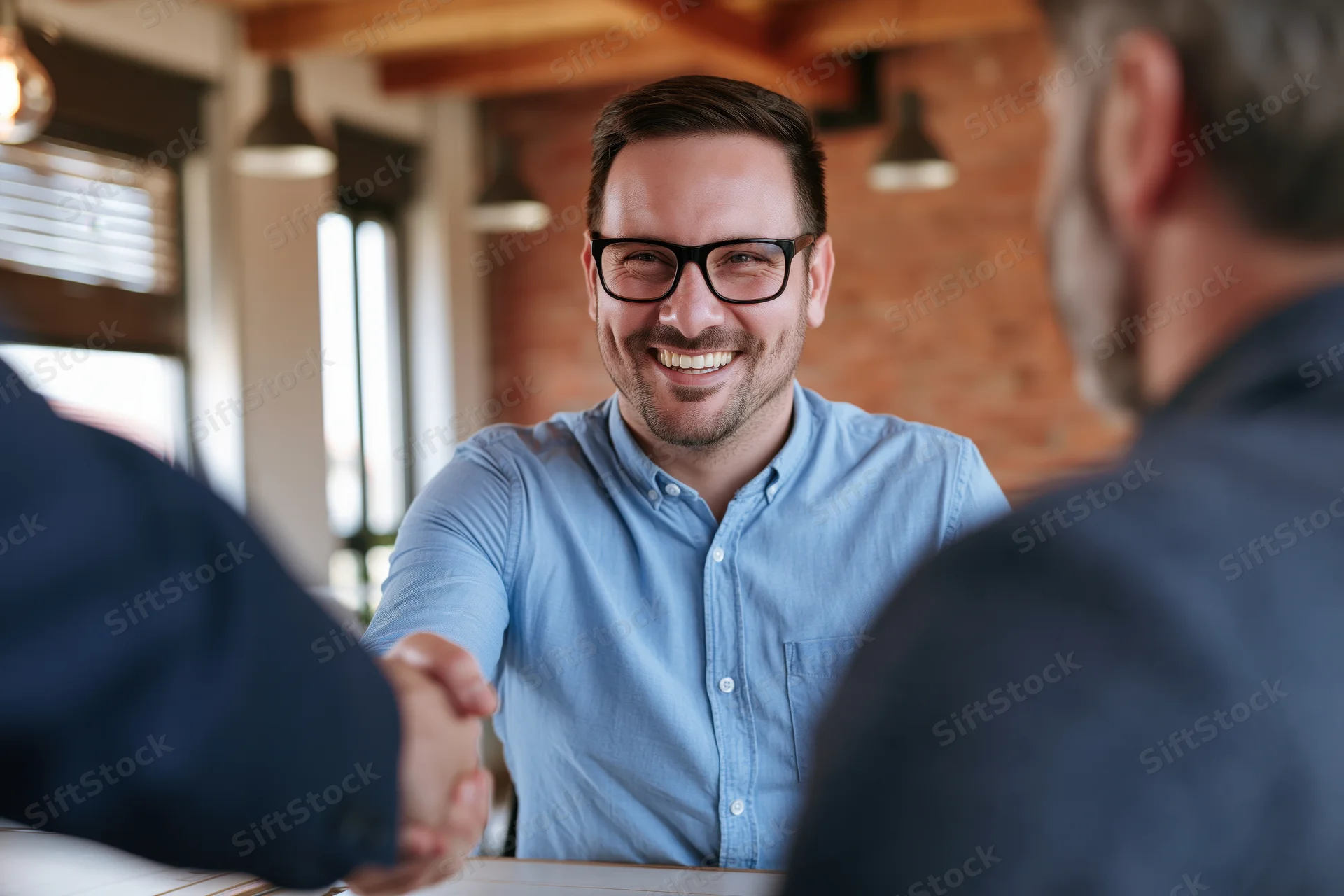 Smiling man in glasses shaking hands with colleagues at office meeting