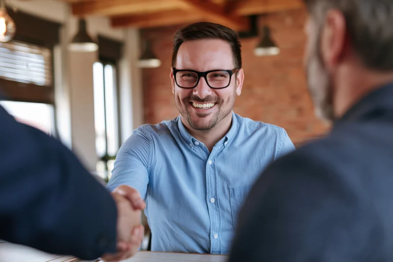 Smiling man in glasses shaking hands with colleagues at office meeting