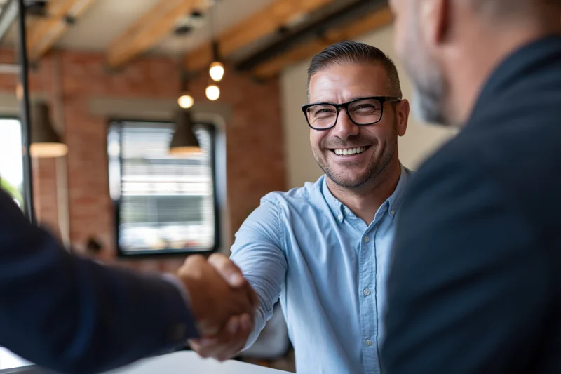 Smiling man in glasses shaking hands with another man in an office setting