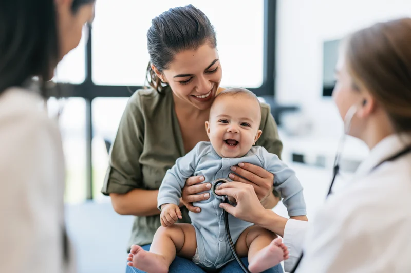 Smiling mother holding laughing baby during pediatric checkup in clinic