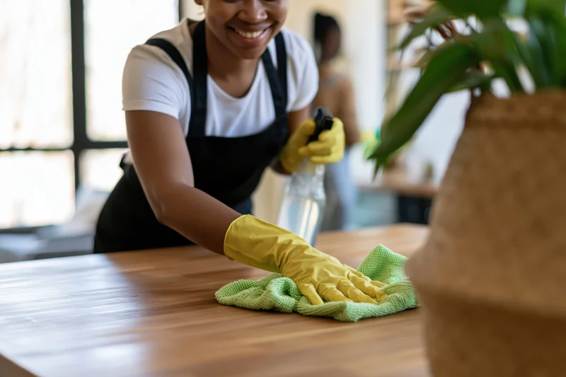 Woman in black apron and yellow gloves wiping wooden table with green cloth and spray bottle in bright interior