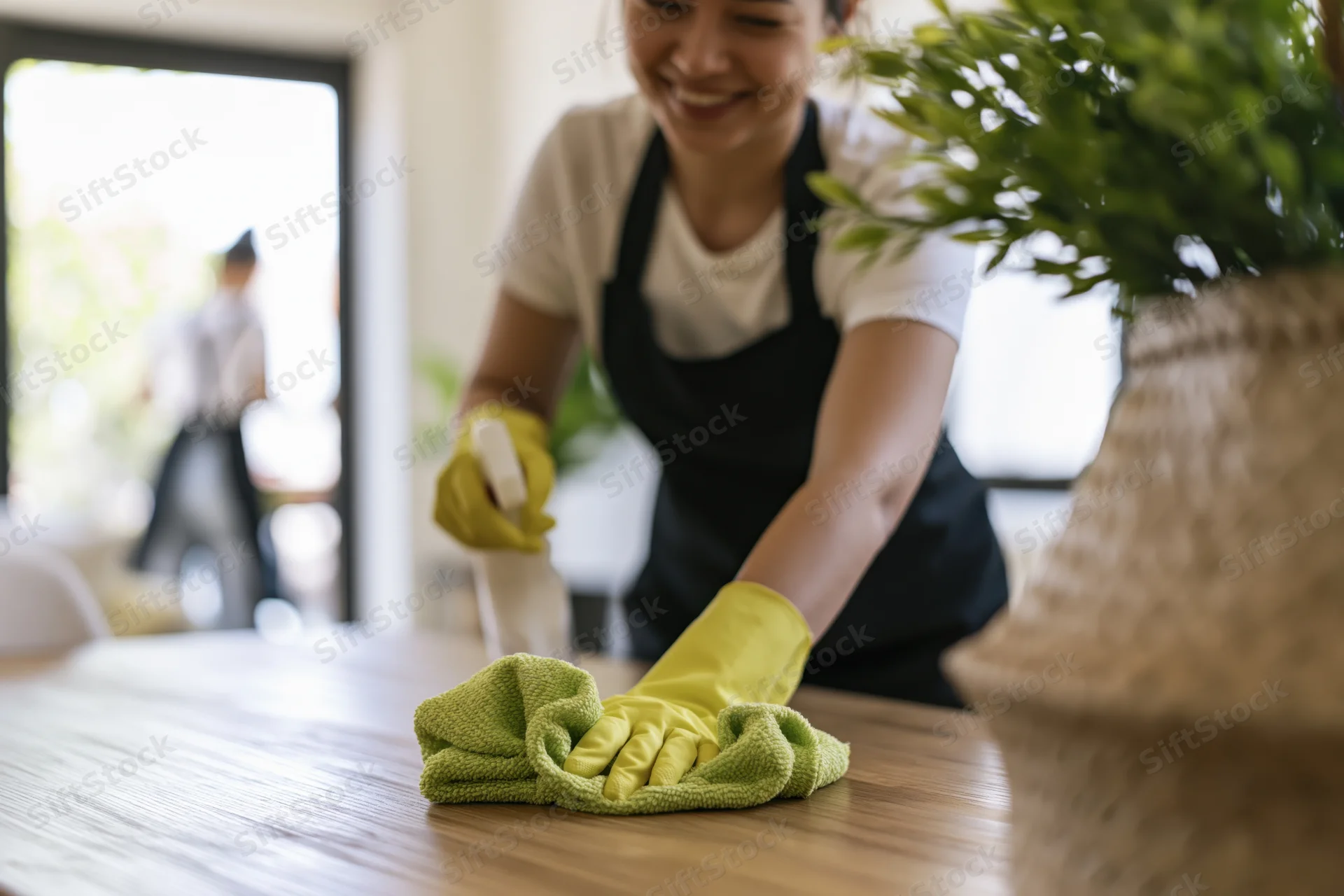 Woman in black apron and yellow gloves wiping a wooden table with a green towel indoors