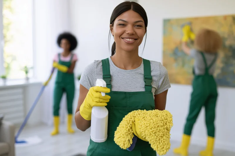 Smiling woman in green overalls holding spray bottle and cloth with two colleagues cleaning in background