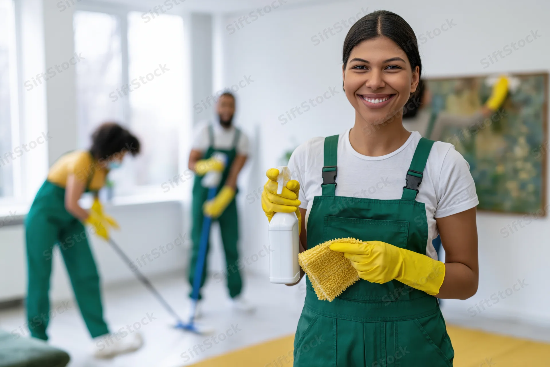 Smiling woman in green overalls and yellow gloves holding cleaning supplies with colleagues cleaning in background