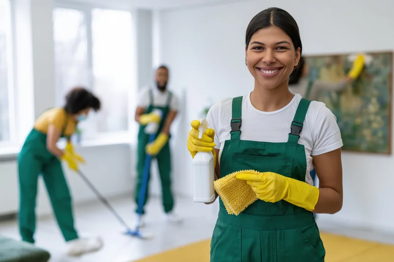 Smiling woman in green overalls and yellow gloves holding cleaning supplies with colleagues cleaning in background