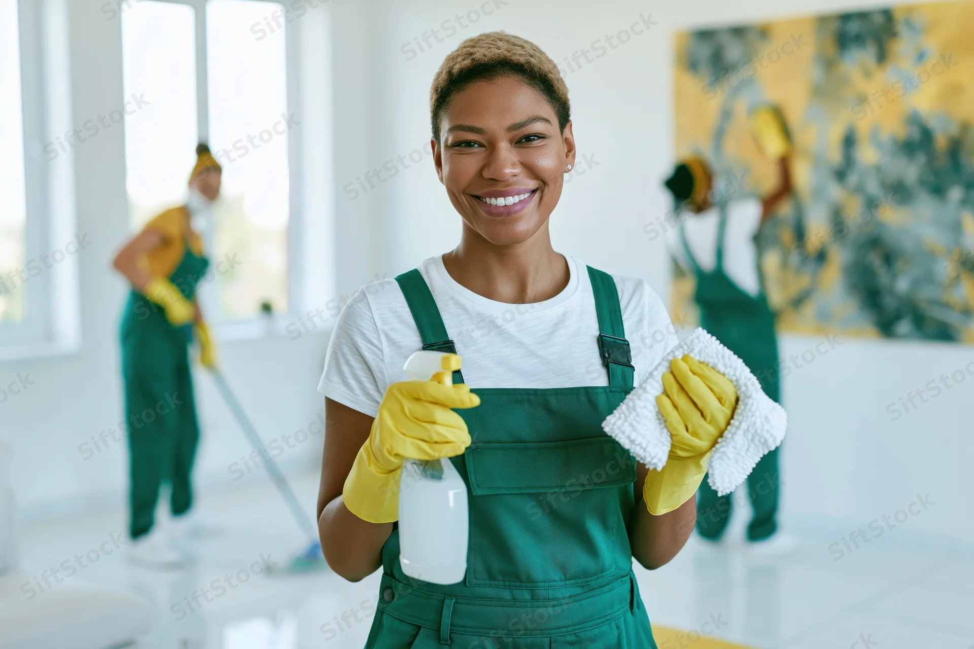 Smiling woman in green overalls holding spray bottle and cloth in clean office space