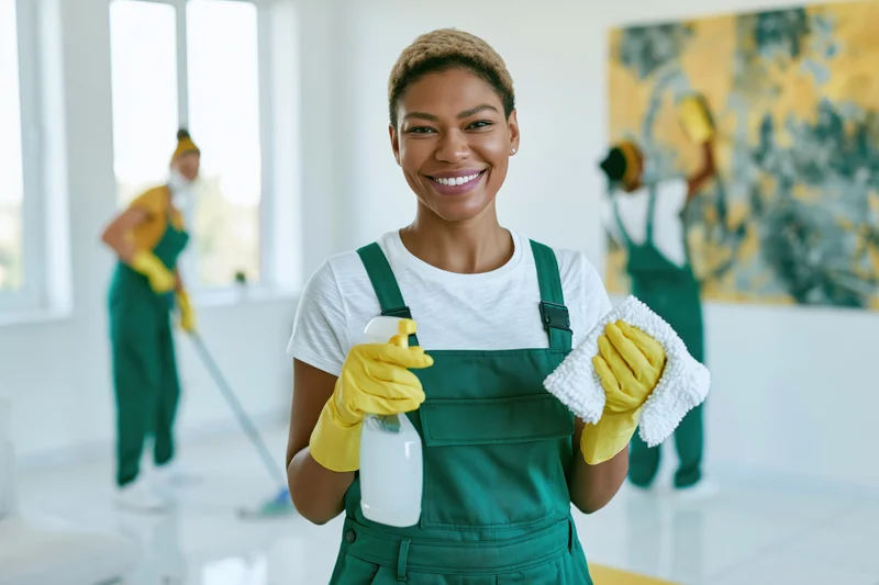 Smiling woman in green overalls holding spray bottle and cloth in clean office space
