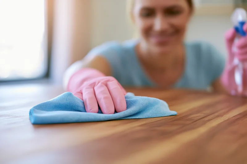 Woman wiping wooden table with blue microfiber cloth while holding spray bottle, smiling, indoors