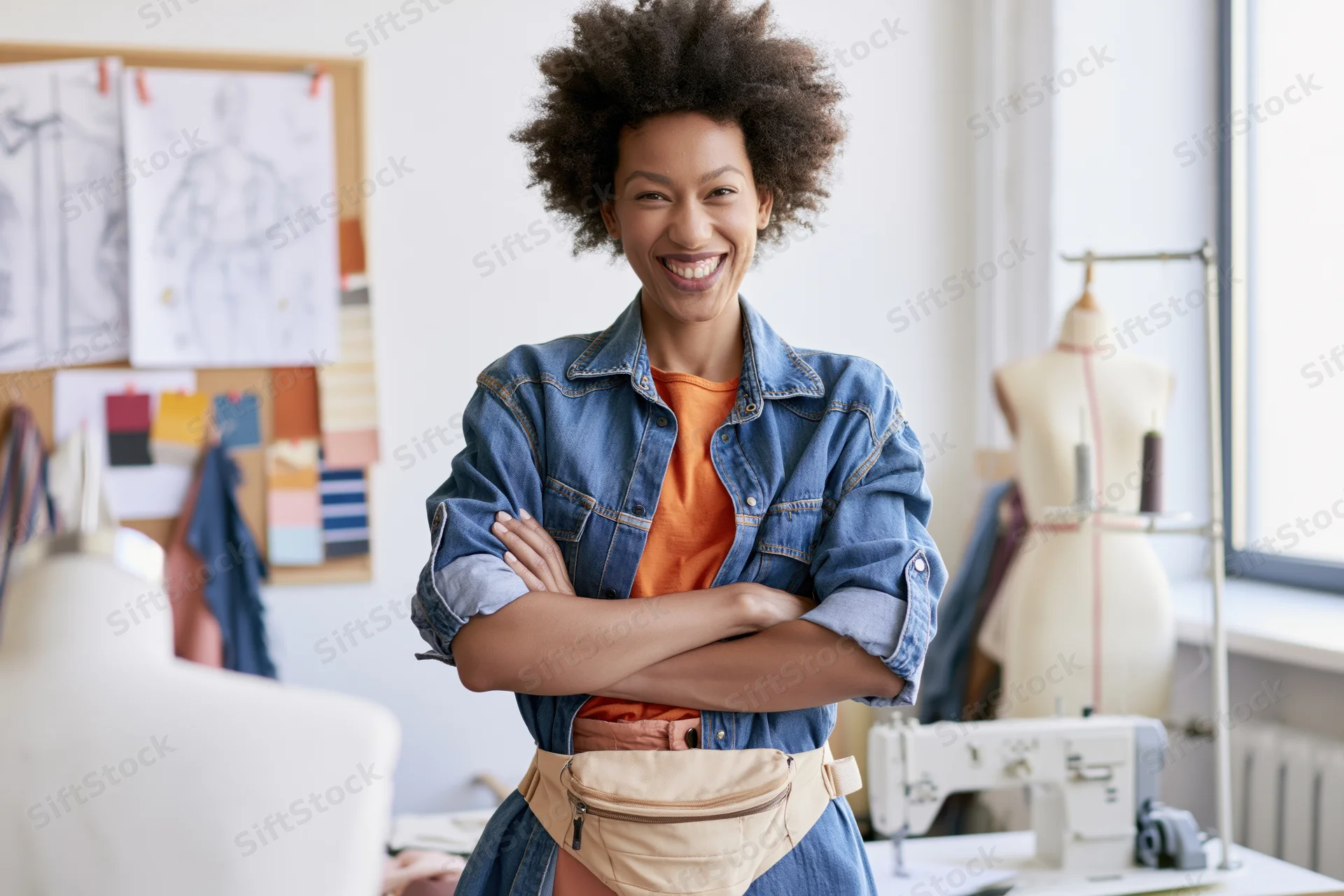 Smiling young black woman with arms crossed in fashion design studio
