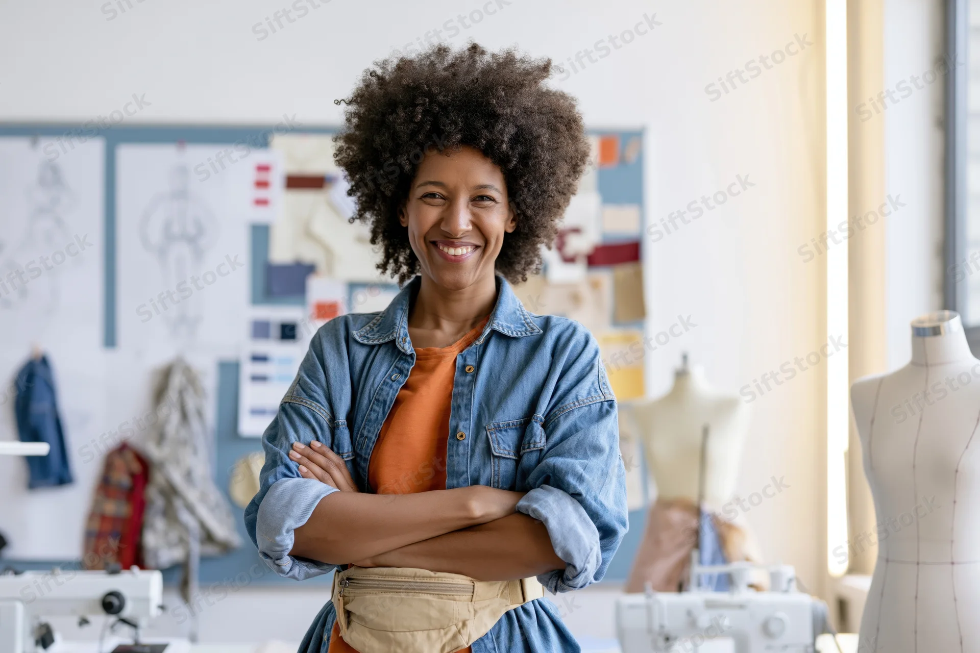 Smiling woman with arms crossed in fashion design studio