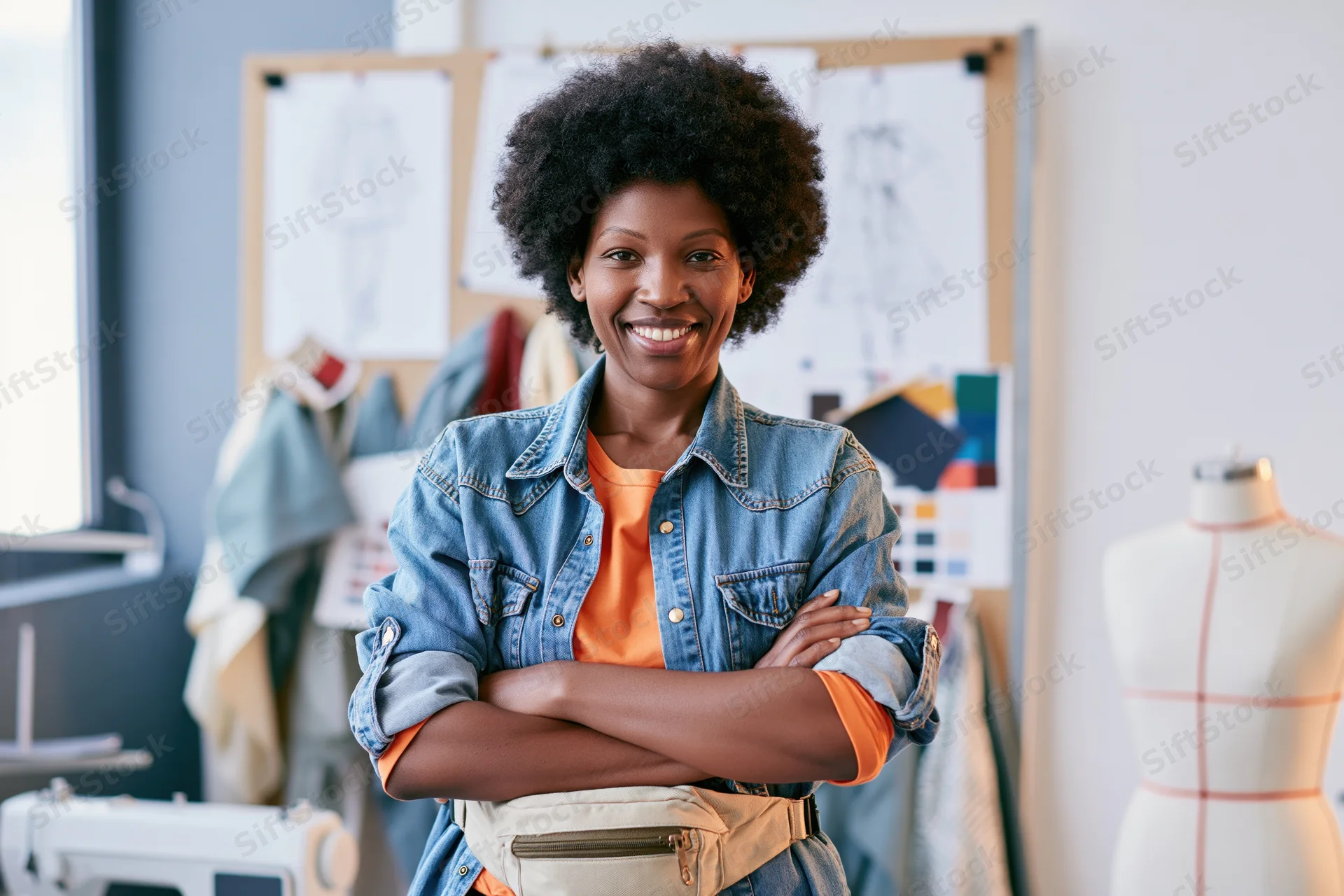 Smiling black woman with afro standing in fashion studio with arms crossed, wearing denim jacket and orange shirt, surrounded by mannequin, sewing machine, fabric, and design sketches