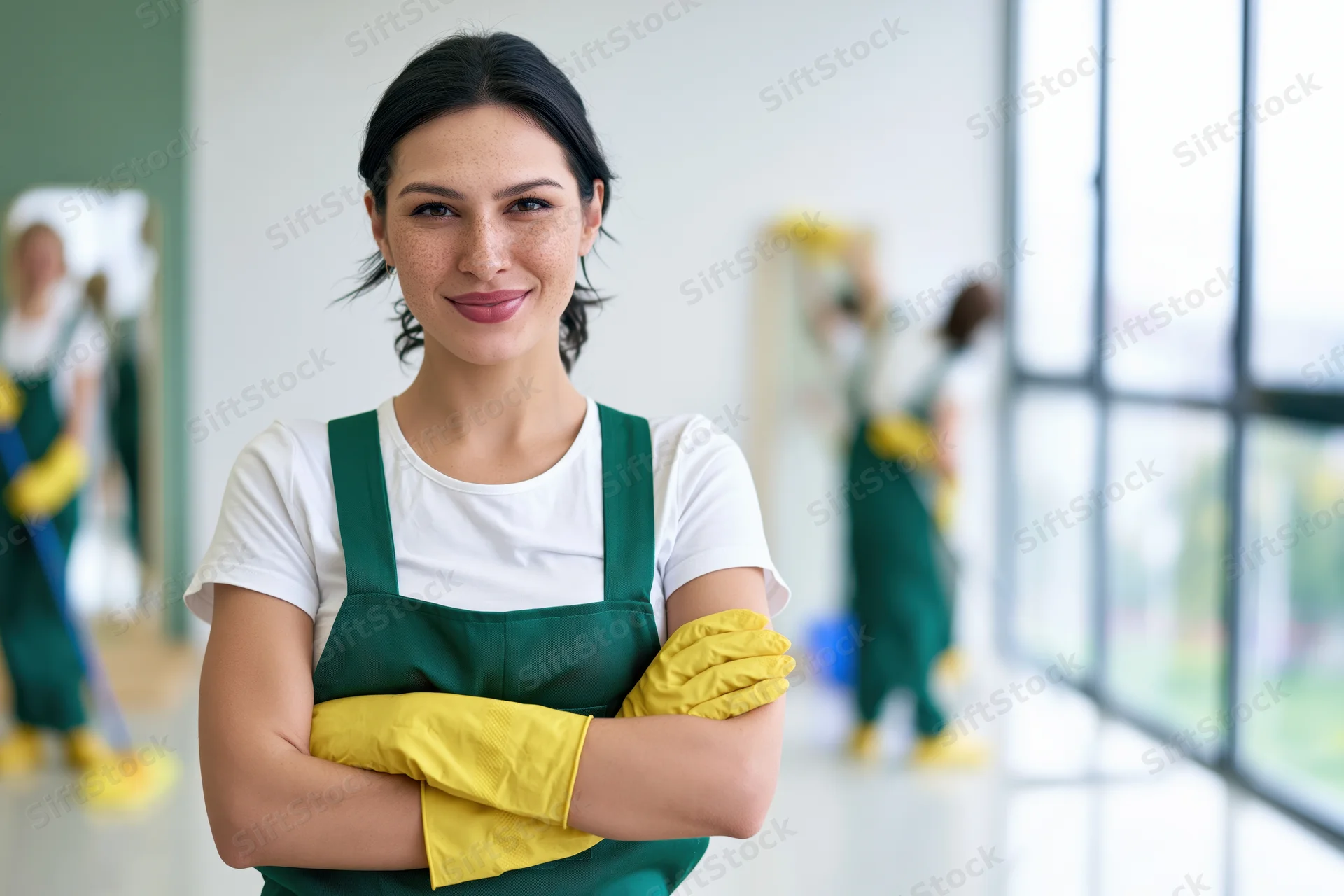 Smiling young woman cleaner with arms crossed in office workplace wearing green apron and yellow gloves