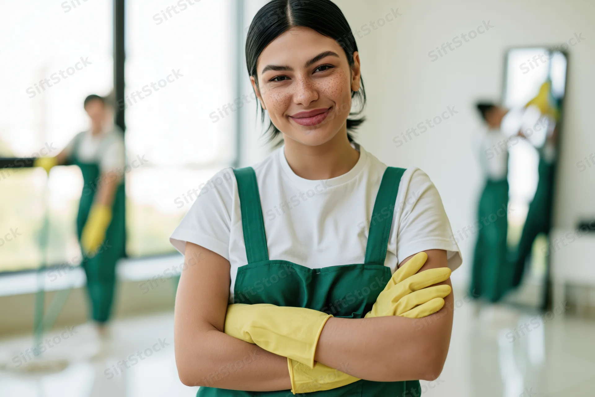Smiling young woman cleaner with arms crossed in green uniform and yellow gloves in office interior