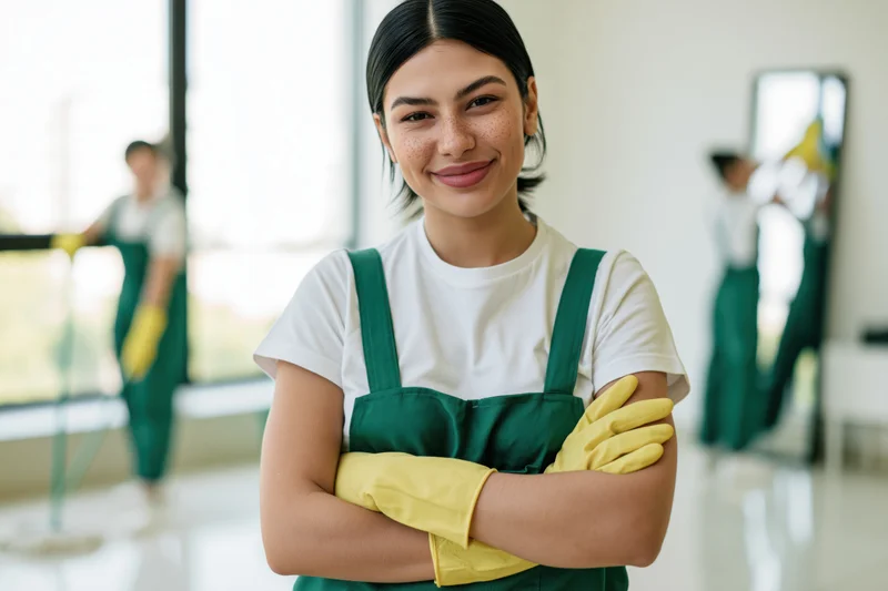 Smiling young woman cleaner with arms crossed in green uniform and yellow gloves in office interior
