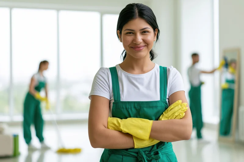 Smiling young woman cleaner with arms crossed in green uniform in bright office interior