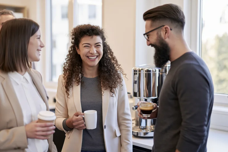 Three coworkers laughing and chatting during coffee break in bright office interior