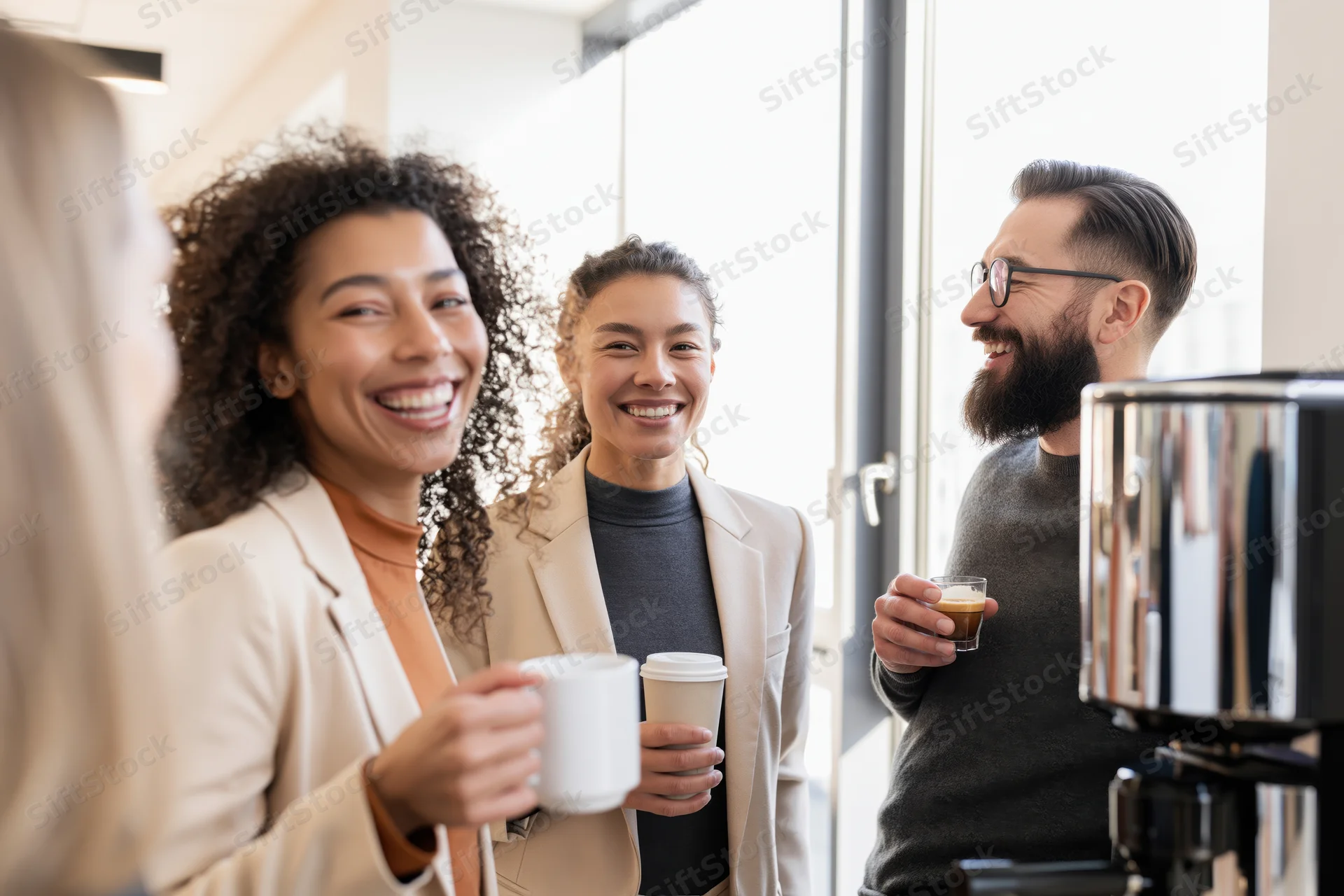 Coworkers laughing and chatting with coffee during break in bright office