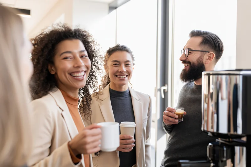 Coworkers laughing and chatting with coffee during break in bright office