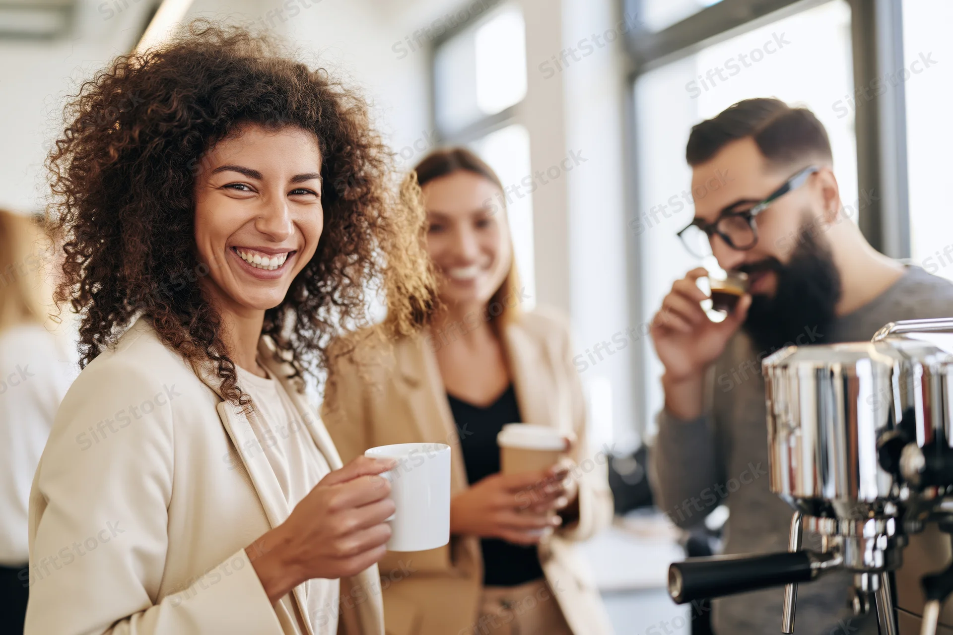 Woman smiling while holding coffee mug during office break with coworkers
