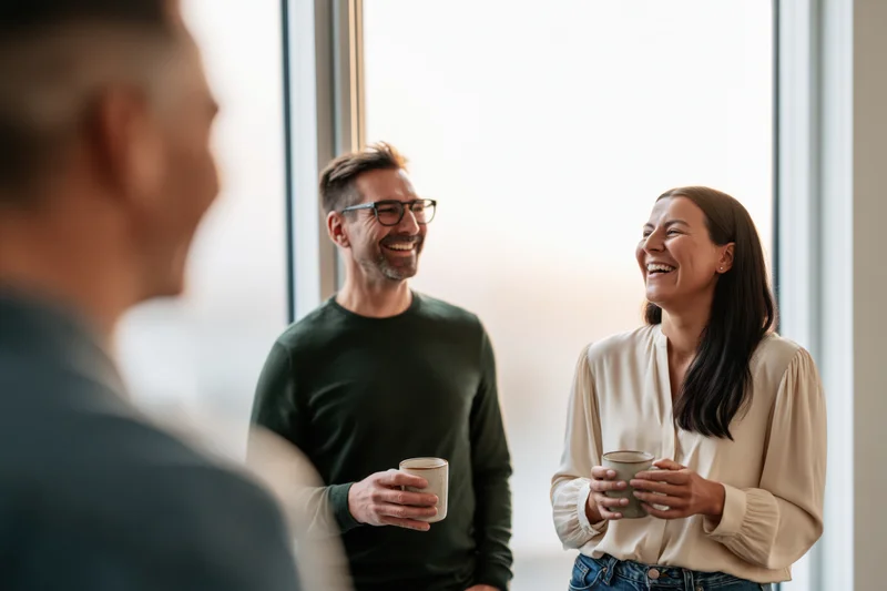 Coworkers laughing together during coffee break in office