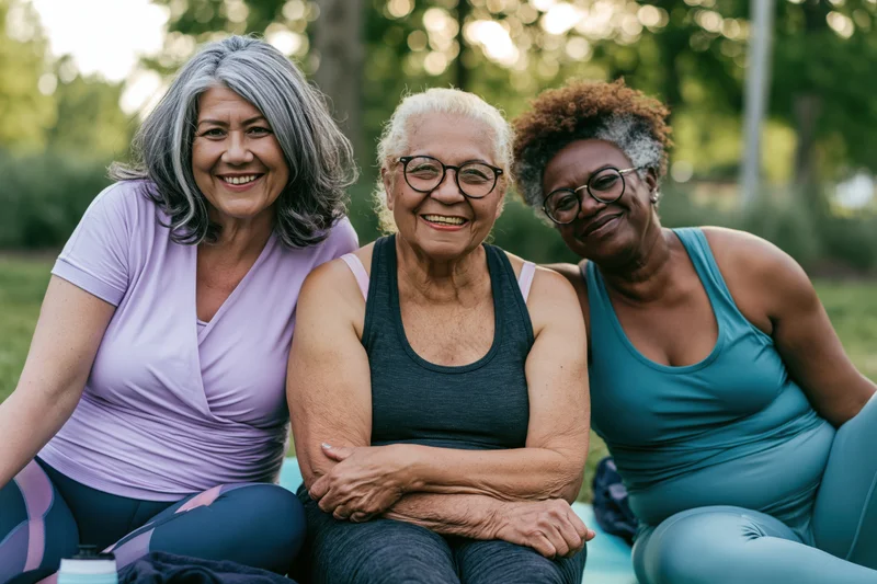 Three senior women smiling while sitting together on grass in a park after exercise