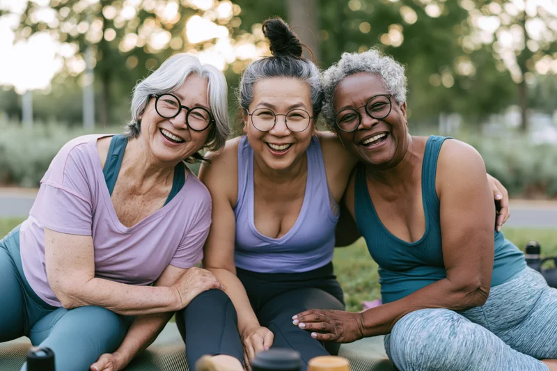 Three senior women smiling and laughing together on a yoga mat in a park