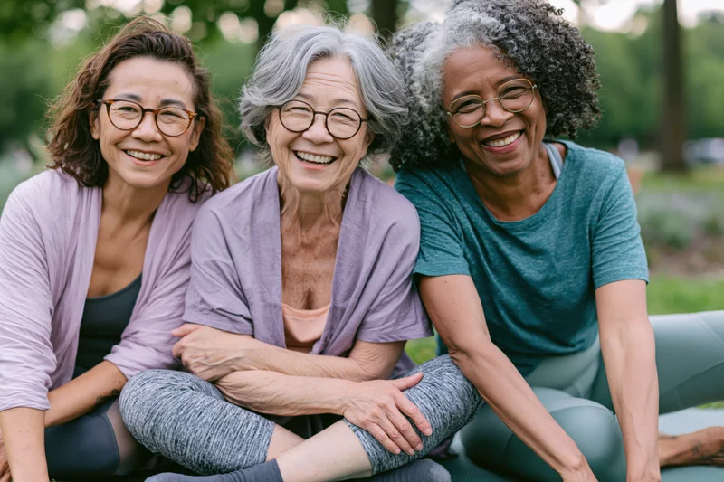 Three senior women smiling together in a park after yoga exercise