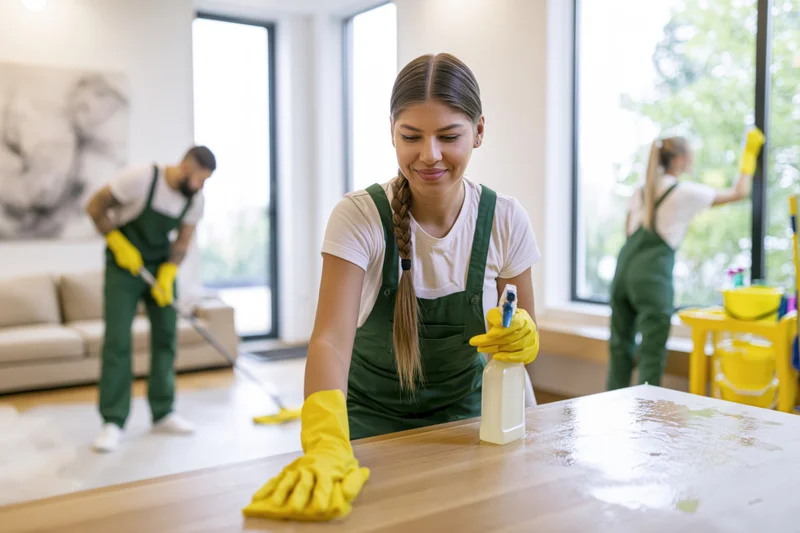 Woman in green overalls cleaning a wooden table with spray bottle while teammates mop and wipe windows in modern living room