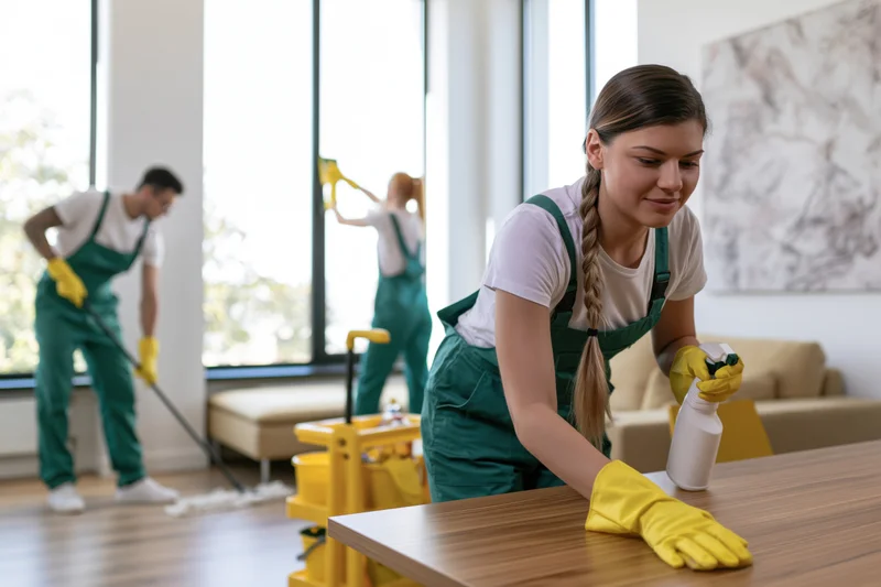 Woman cleaning table with spray bottle while teammates mop and vacuum in modern living room