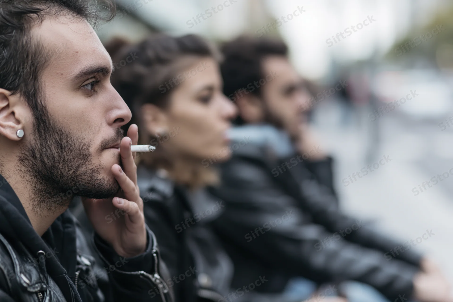 Three young adults sitting in a row outdoors smoking cigarettes in profile view on a city sidewalk
