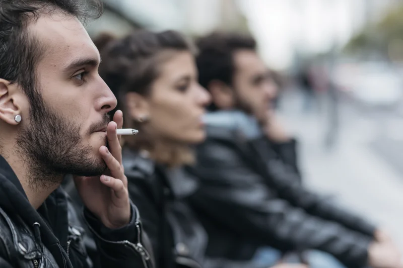 Three young adults sitting in a row outdoors smoking cigarettes in profile view on a city sidewalk