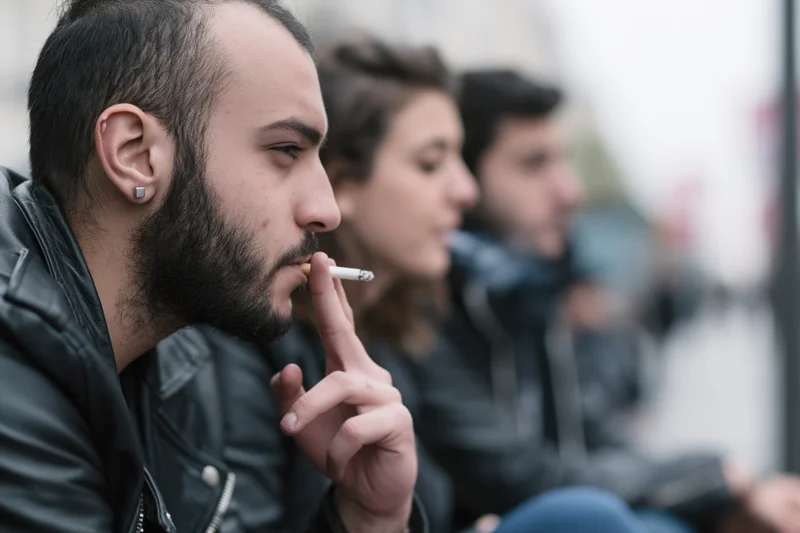 Man with beard smoking a cigarette in profile, seated with two others in a row outdoors