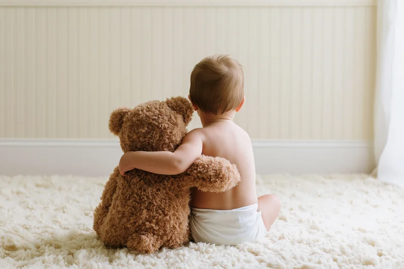 Toddler sitting on cream shag rug hugging plush teddy bear from behind in nursery room
