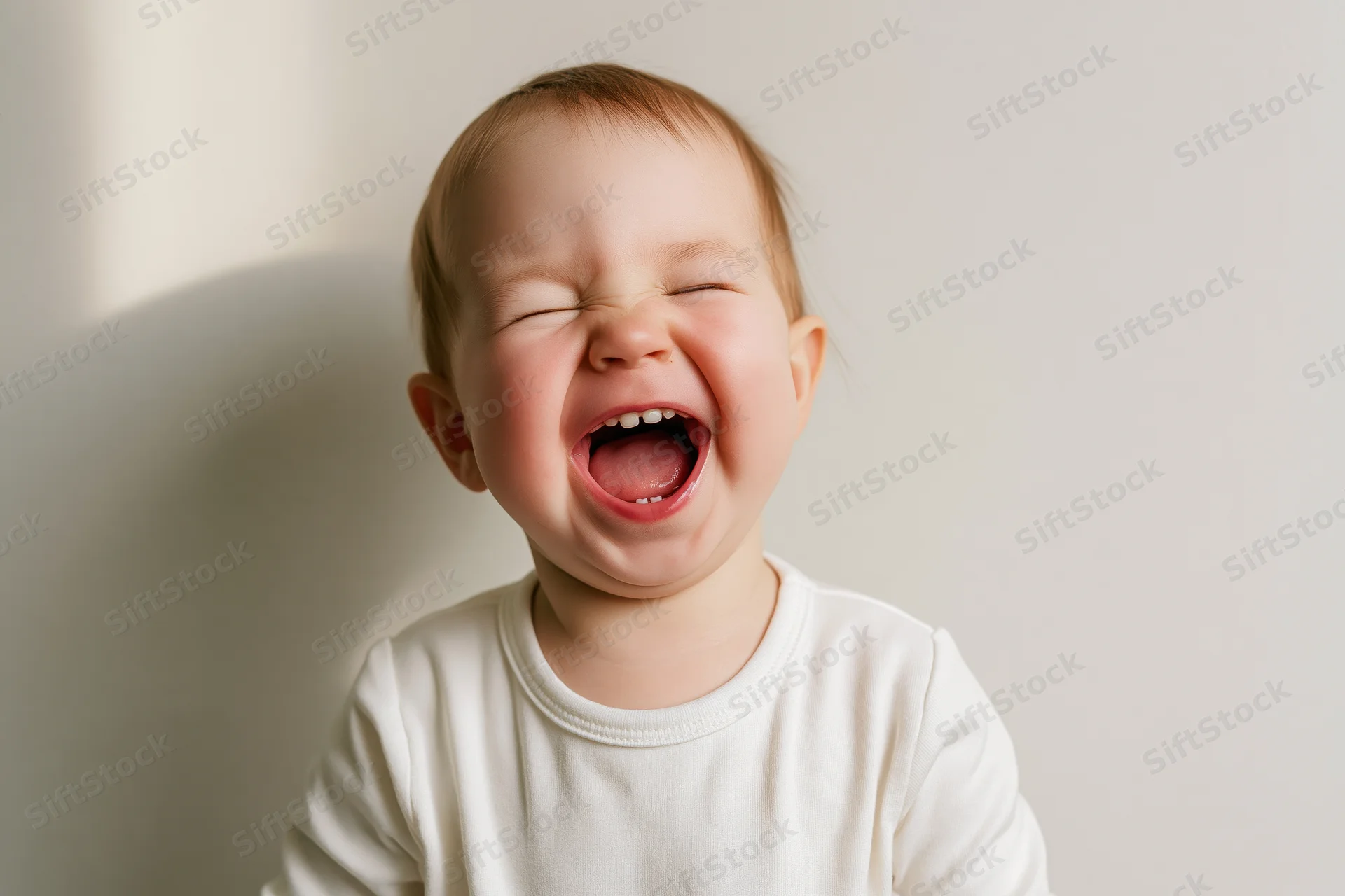 Toddler laughing with mouth wide open and eyes squinted shut against a plain light background