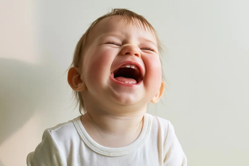 Toddler laughing with mouth wide open and eyes squinted shut in a white shirt against a light background