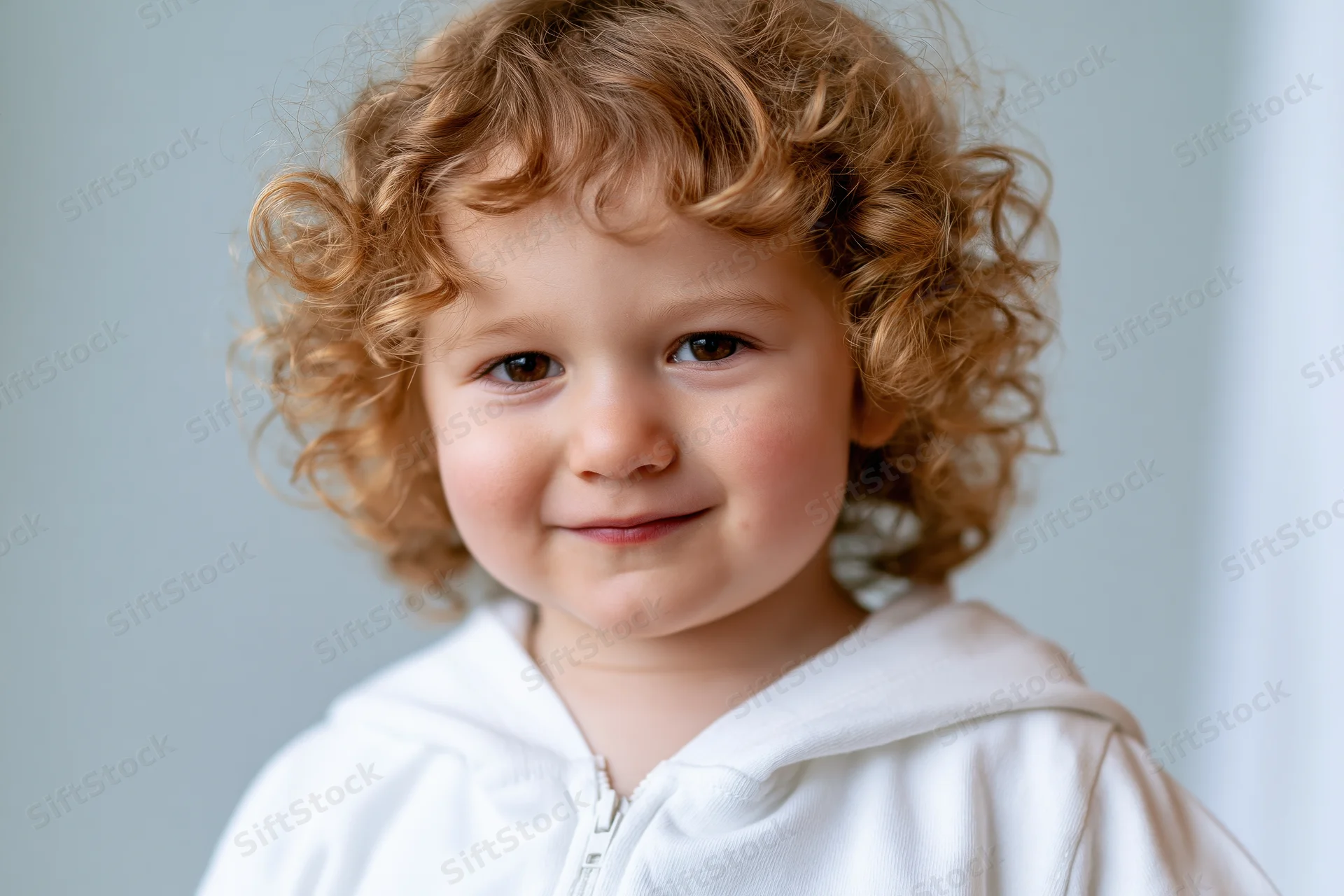 Toddler with curly light brown hair smiling softly at the camera in a white hoodie