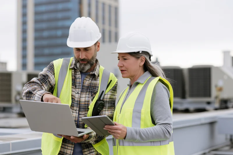Two construction engineers reviewing data on laptop and tablet on rooftop site