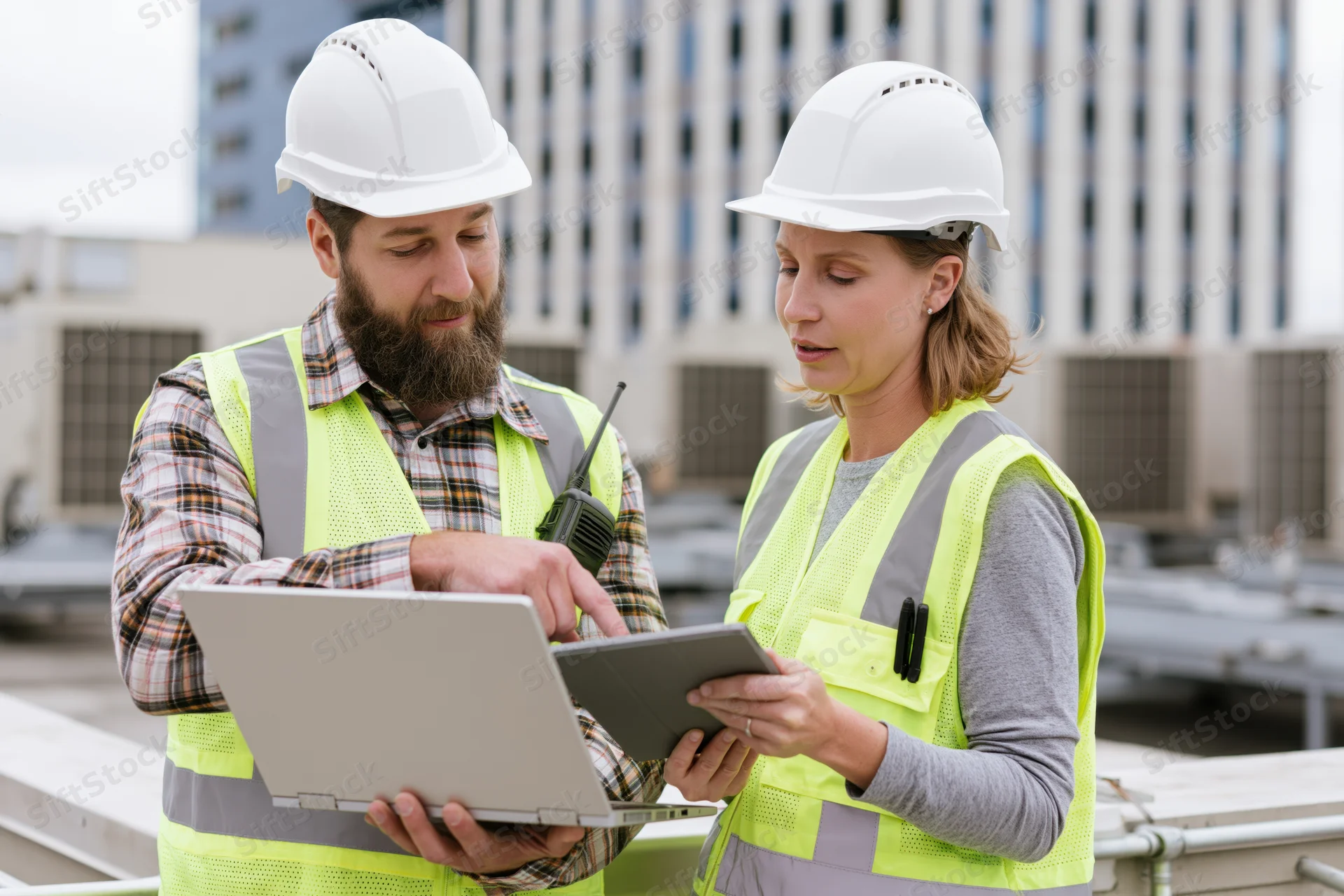 Two construction engineers reviewing data on a laptop and tablet at a building site