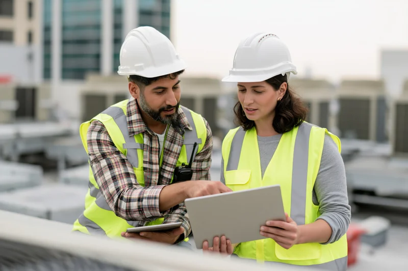 Two construction engineers reviewing data on a tablet and laptop at a building site
