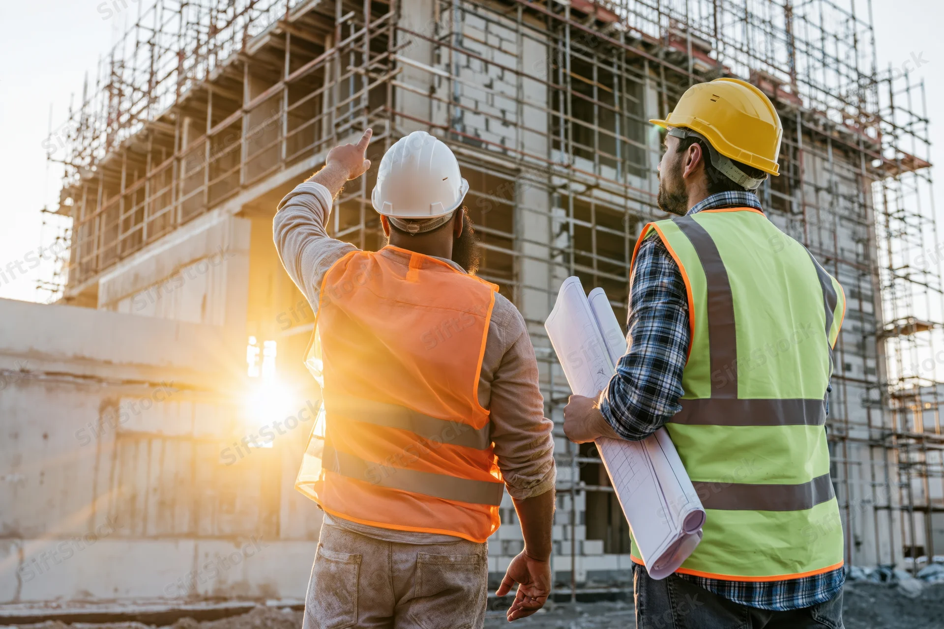 Two construction engineers discussing building plans on a construction site at sunset