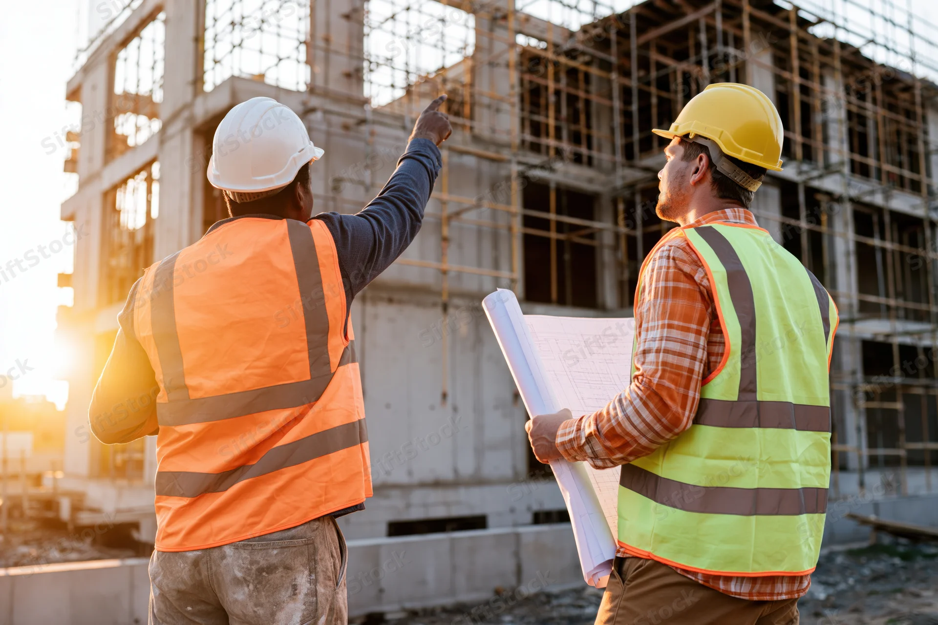 Two construction engineers in safety vests discussing a building site while holding blueprints