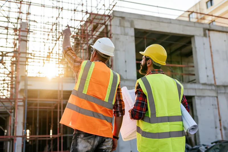 Two construction engineers from behind discussing plans on a building site at sunset
