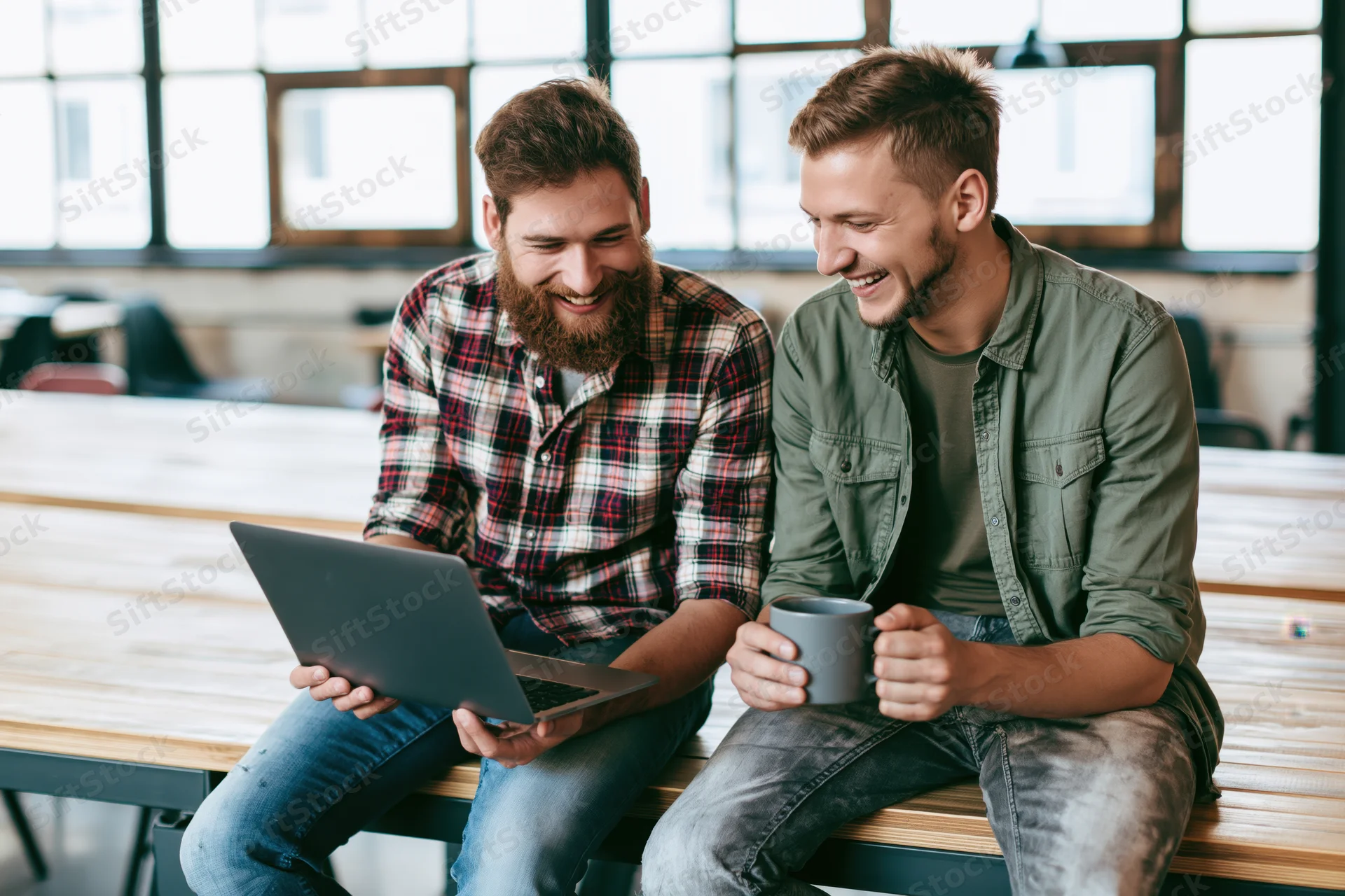 Two men laughing while sitting on a bench with a laptop and coffee mug in a modern office