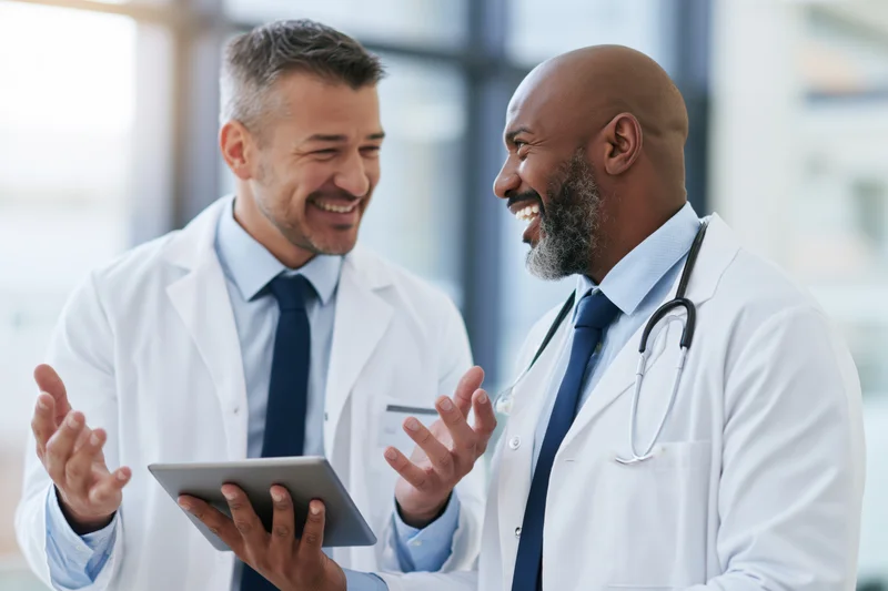 Two doctors smiling and talking while one holds a tablet in a bright office