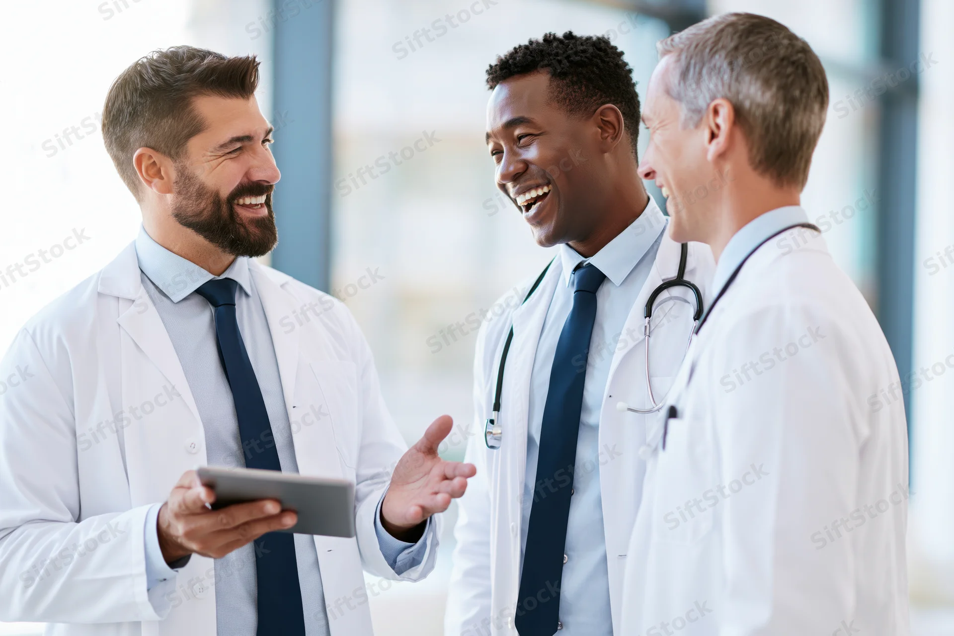 Three male doctors in white coats laughing and conversing in a modern clinic setting while one holds a tablet