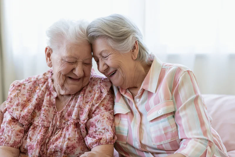 Two elderly women smiling and touching foreheads while sitting close together on a couch indoors