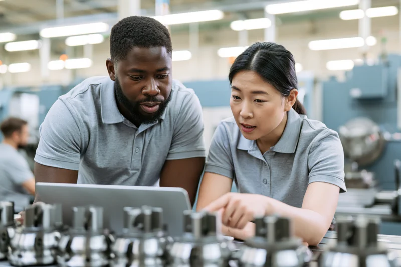 Black man and asian woman engineers collaborating on tablet in factory setting