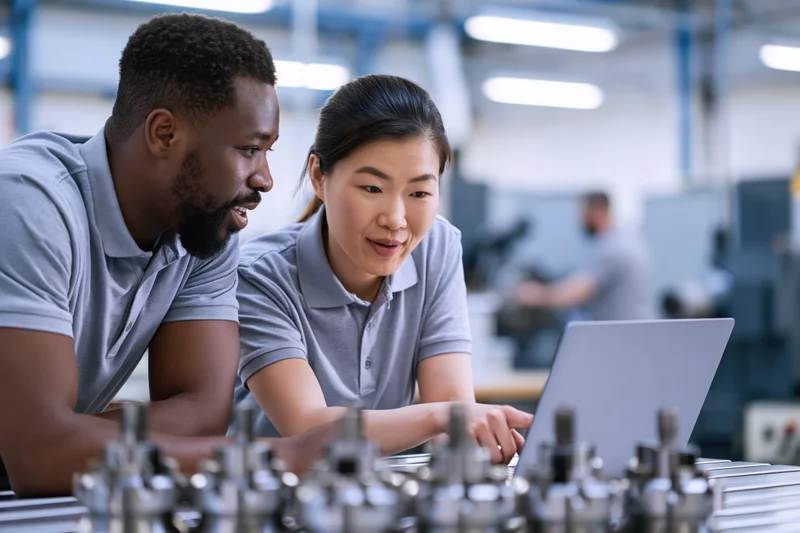 Black man and asian woman engineers collaborating on laptop in factory workshop
