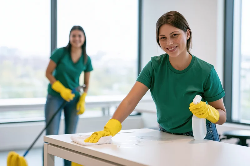 Woman cleaning desk with spray bottle and cloth in modern office while another cleaner mops floor in background
